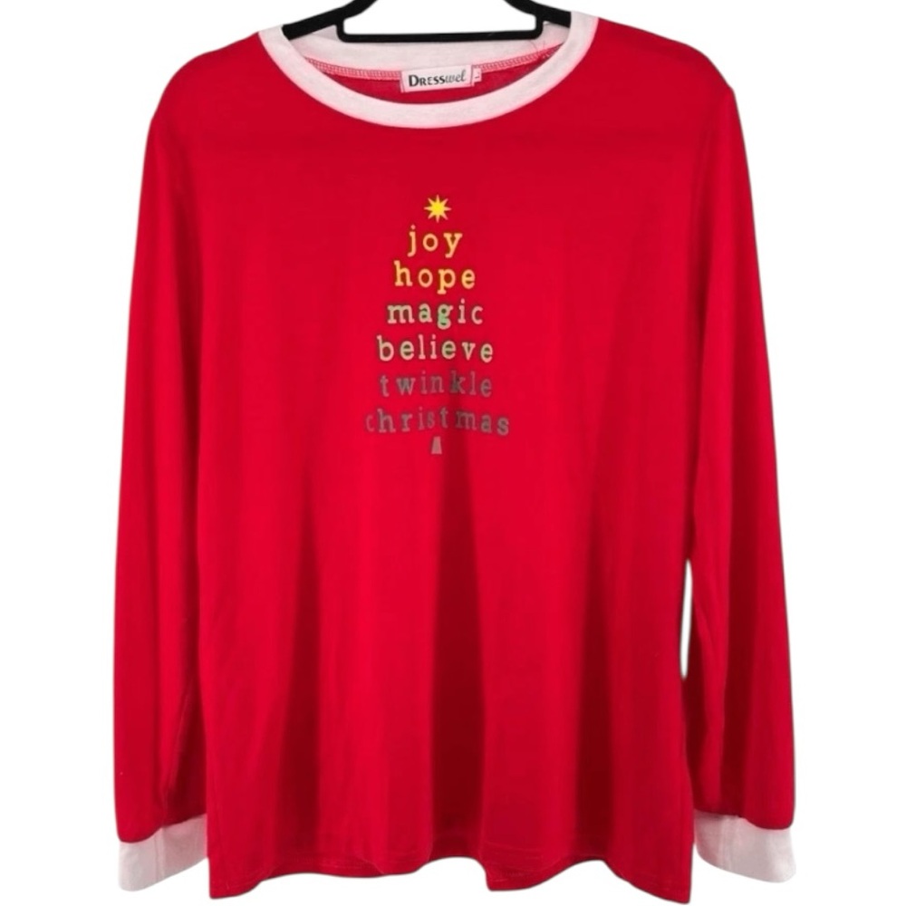 Dresswel Red Joy-Hope-Magic-Believe- Twinkle-Christmas Long Sleeve Tee